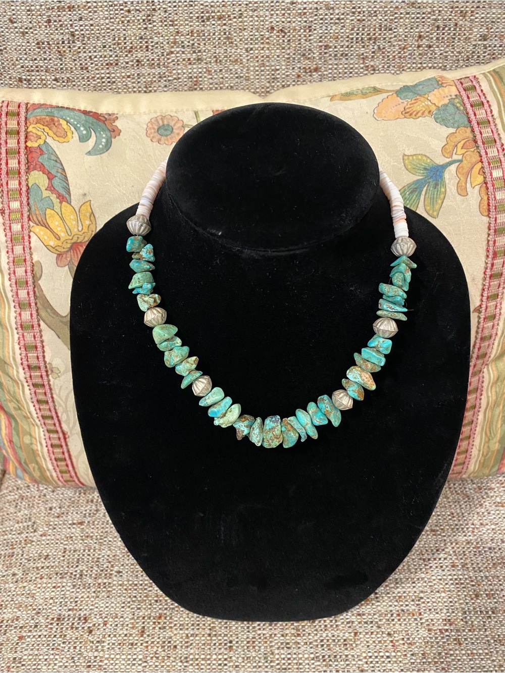 Natural Turquoise Chip Necklace with Silver Accent Beads - Women Jewelry